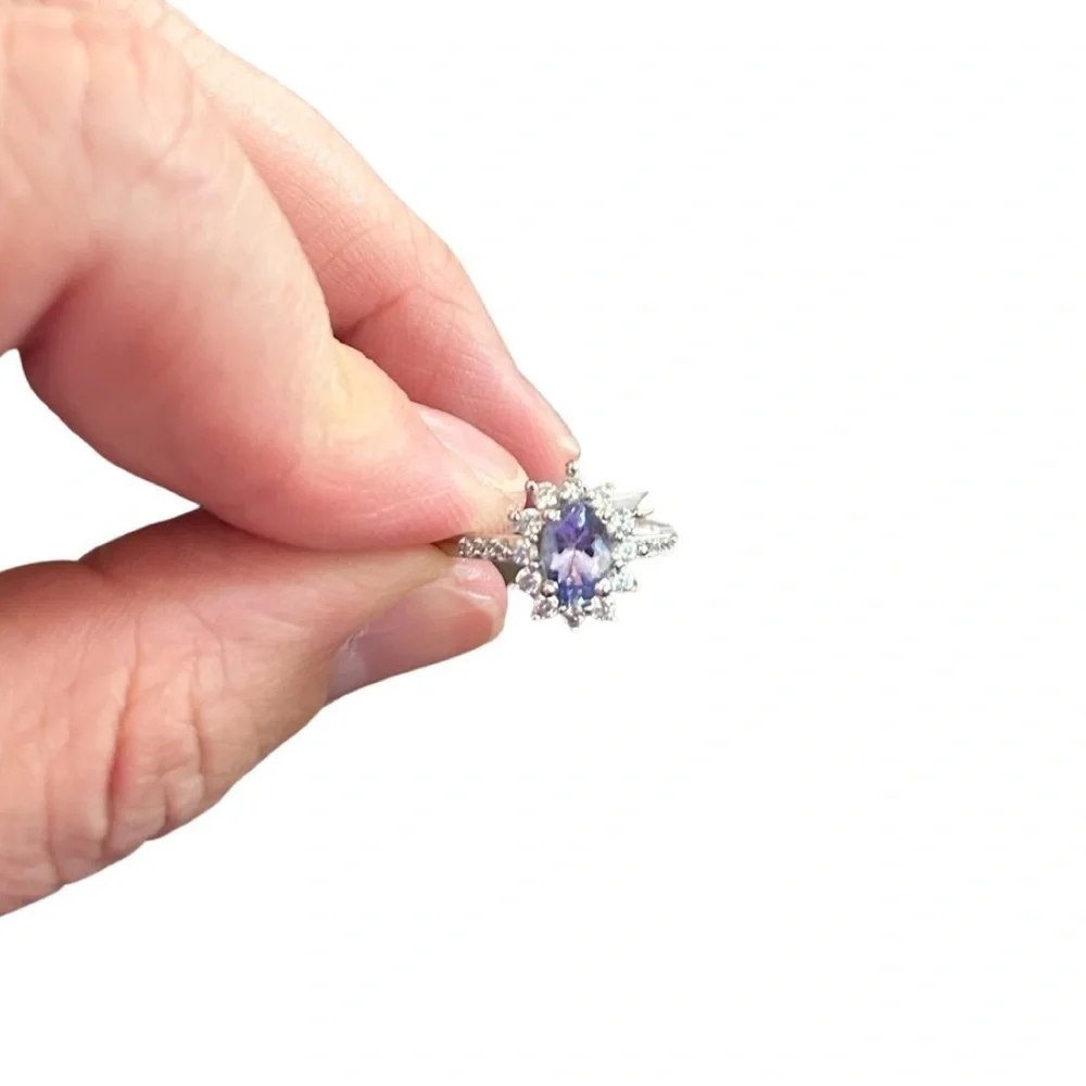 Tanzanite & White Zircon Sunburst Ring Platinum Over Sterling Silver 1.00 CTW
